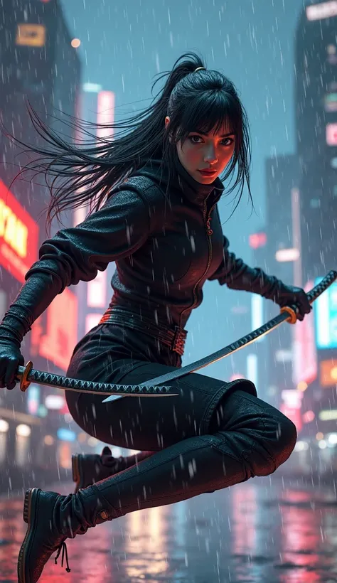 A photorealistic, woman, 25s, mid-leap, black ninja suit, long hair flowing, gripping a katana, fierce gaze, futuristic city backdrop, glowing neon lights, rain pouring, dramatic atmosphere, night, vivid lighting, action scene, realistic, no blurry backgro...