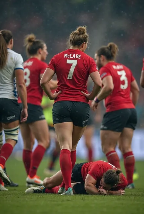 Create an image of a female rugby player. She’s really muscular and broad. Have her wearing a red and black rugby kit. Have her in the ground clutching her ankle in pain and a teammates and medical staff around her. Make it realistic. Have it so you can’t ...