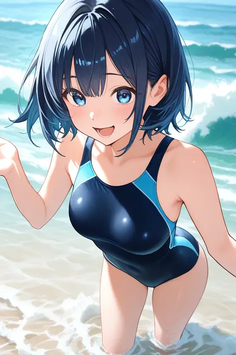 solo,one girl, dark blue short hair, blue eyes,one-piece black competitive swimsuit,cute,A good-sized bust,cuteポーズ,屈んで手でWaveをこちらにとばしている, happy expression,Open your mouth and smile loudly,,sea水浴場,sea,Wave,standing in shallow water,seaで遊んでいる昼