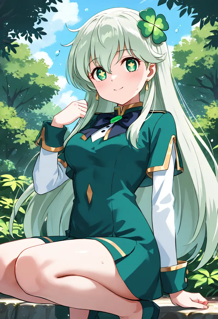 This painting depicts a cute animated character in a crouching posture, with light gray hair mixed with a few strands of green hair, big green eyes, four-leaf clover-shaped pupils, and light skin color. She wore a white and green dress with gold trim and g...