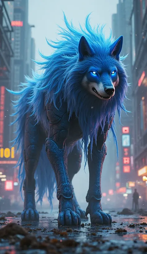 fenrir has Long blue mane,cyber punk,