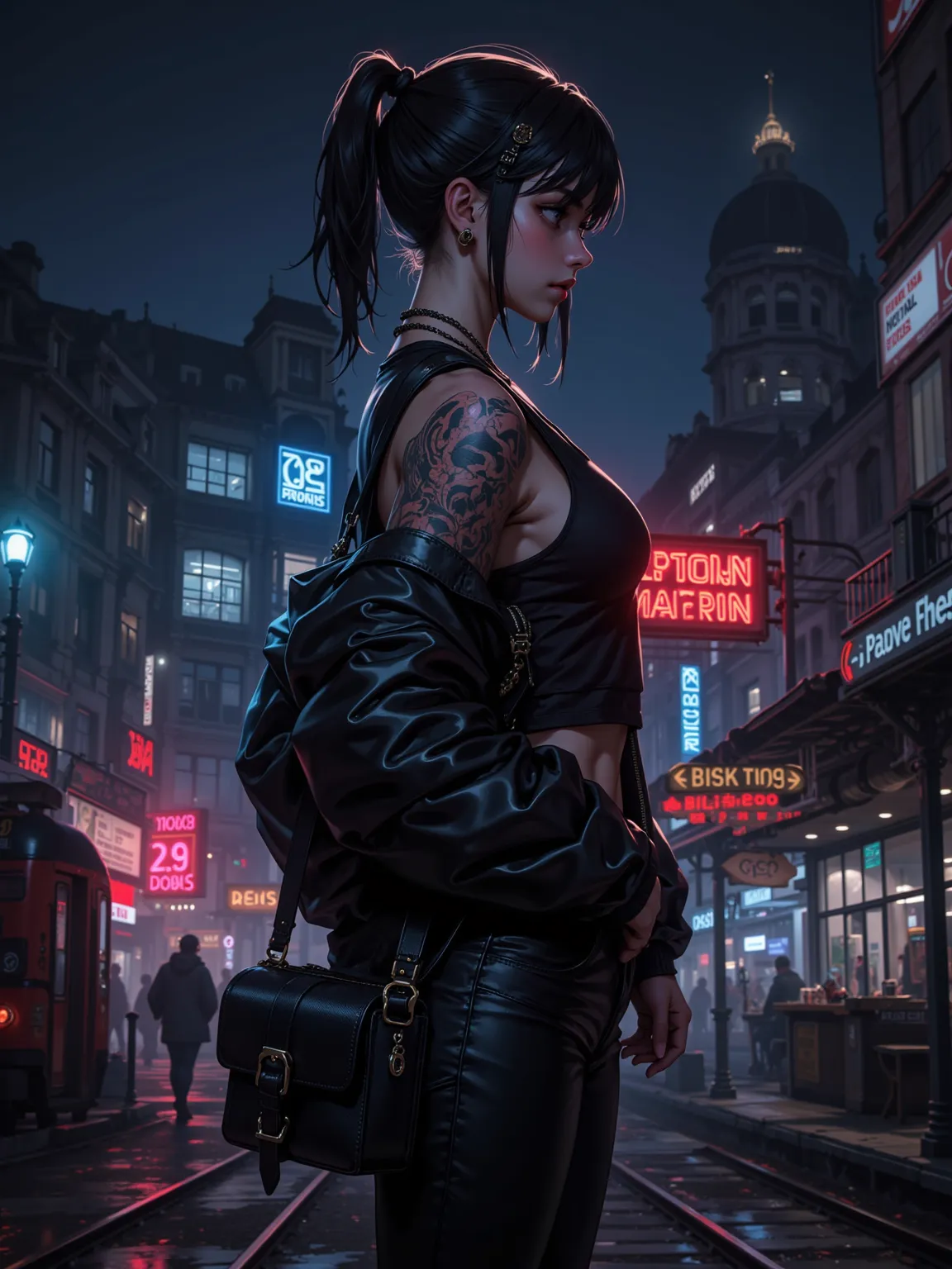 A cool girl，Side view，lens from top to bottom， Dark Hair，short ponytail，slim shoulder short tank top， black leather jacket ，black leather pants，black leather bag， black leather boots ， Thin ，Big Boobs 2.0，Tattoos 1.5，Neon 1.2，background of train station at...