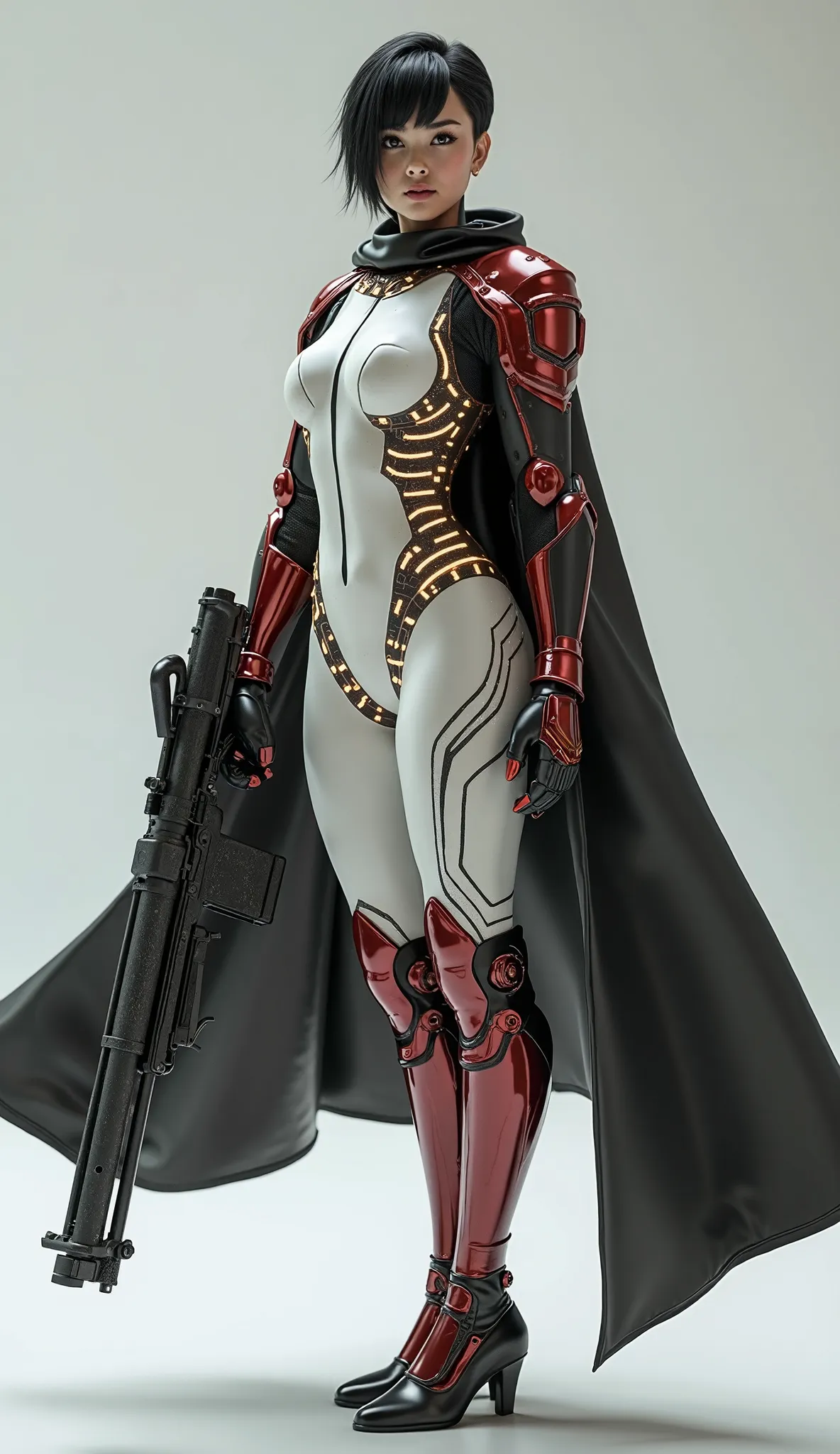 A cinematic character showcase a futuristic female warrior with a big gun, an athletic, toned build. She wears a sleek, full-body white bodysuit with dimly glowing golden circuits pulsing subtly, reinforced with red armored plates on her shoulders, chest, ...