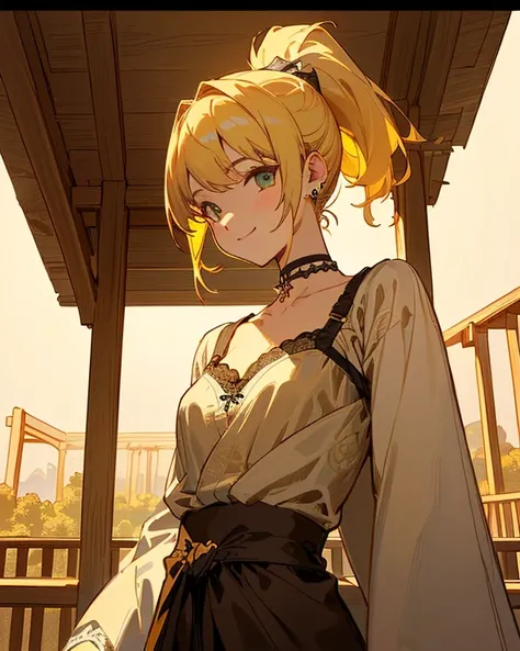 Overall calm but vivid colors、 manga style 、 Medieval Fantasy Style 、 young woman（nationality:1.2）、（age:1.1）、 Bright Blonde Hair （ Hair Details :1.2）Angled slightly towards the viewer、（Clothing Details:1.2）、Pretty eyes and a smile、（ Accessories:1.1）Wearing...