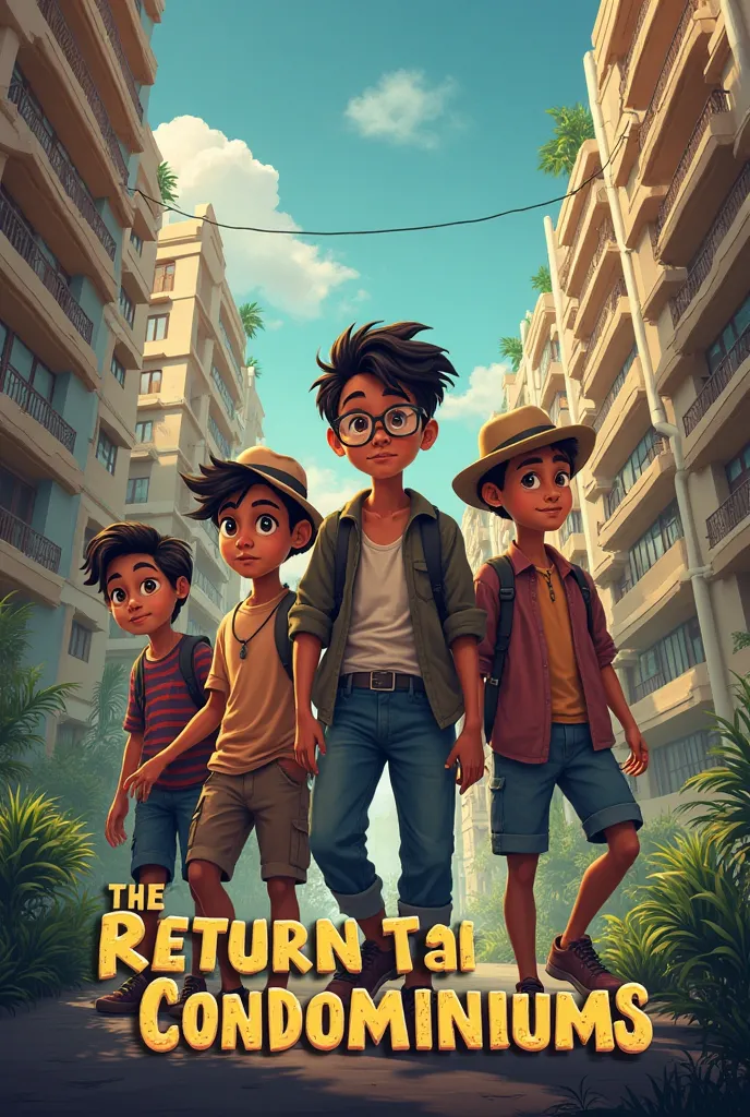 Create a striking poster that says "The Return to Condominiums pt2" add four ren as explorers and that the background is pure condominiums in the Santa Cruz area, bolivia, Urubo Let one of the boys have glasses and add letters that say "The Return to Condo...