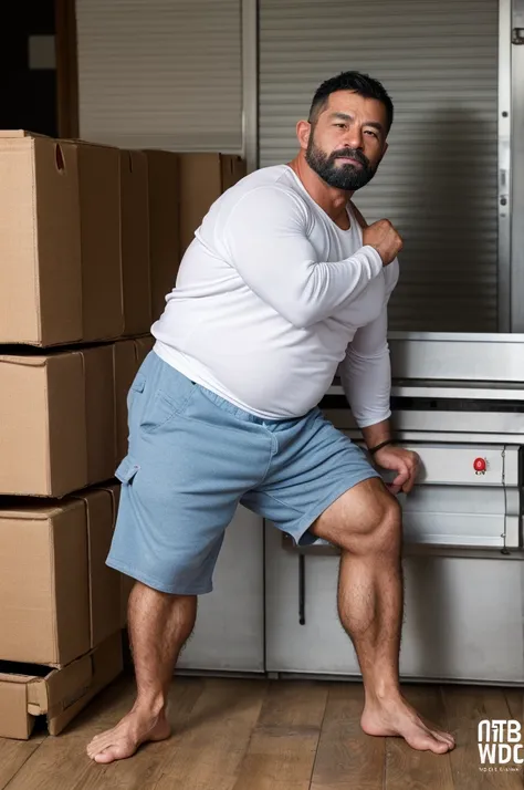 A portrait full body photograph A tractive mid age Japanese, heavy trucker-driver, balg Strong, muscular, hairy big belly bodybuilder, very short hair, very short goatee, huge nice bulge, wearing a very small white thong showing pubis, epic realistic, phot...