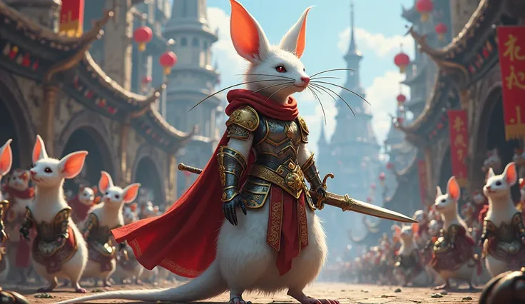 Rat queen from game "Ratopia" , white fur, armed by sword, plate armour and dress, in big rat city