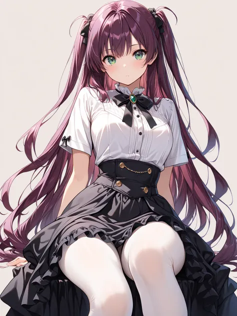 ((masterpiece, best quality, extremely detailed)), 1girl, soft purple hair, very long hair, long side up, green eyes, white shirt, short sleeves, long skirt, frilled skirt, overskirt, white pantyhose,, looking at viewer, simple background, 