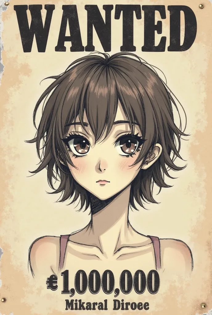 Make a wanted board with the cute tomboy girl Nika whose age is older than the universe itself with nice natural chestnut has short boyish short messy very shaggy brown hair disheveled for wind, with small stature, with a slighly tanned skin and rounded fa...