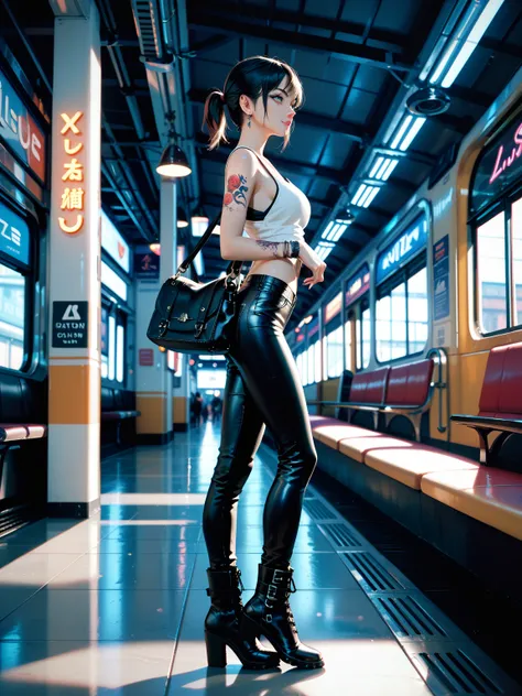 A cool girl，Side view，lens from top to bottom， Dark Hair，short ponytail，slim shoulder short tank top， black leather jacket ，black leather pants，black leather bag， black leather boots ， Thin ，Big Boobs 2.0，Tattoos 1.5，Neon 1.2，background of train station at...