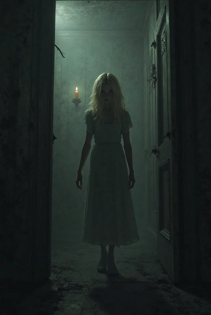 A blond  inside a dark and creepy house with a sense of being followed