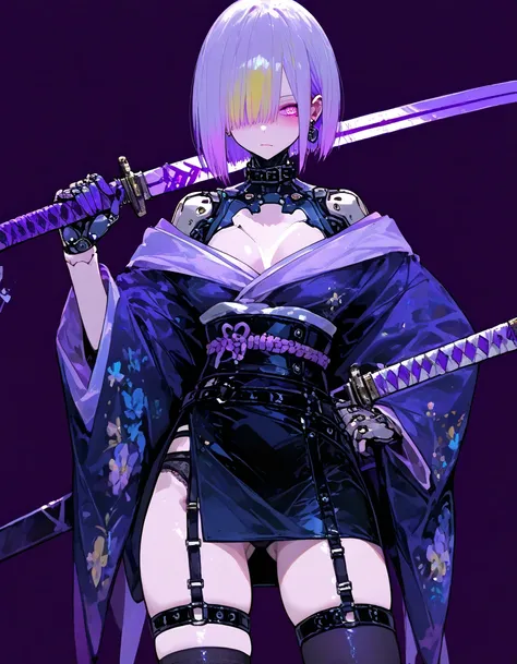     masterpiece、最     high quality  、     high quality  、     very aesthetic、     absurd、    latest、  girls on the left、 blonde、     purple hair 、 purple hair、devil 、      gal、   earrings、  Kimono that fell apart、 kimono、 miniskirt、garter belt、（目にbandage）b...