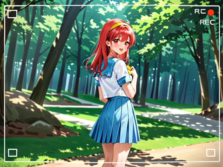 ShioriFujisaki,red hair,red eyes,long hair,hair band,yellow hairband, white serafuku,1gail,1boy ,school uniform,blue sailor collar,blue pleated skirt,yellow bow,shoes,socks,recording,viewfinder,Forest Park,Short sleeve,bangs,blush,eyebrows visible through ...