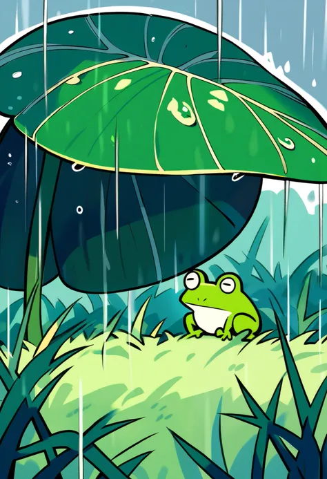 What happens when it rains?,A frog sheltering from the rain under a large leaf, minimalist,cute,Anime Artwork,Grassland
