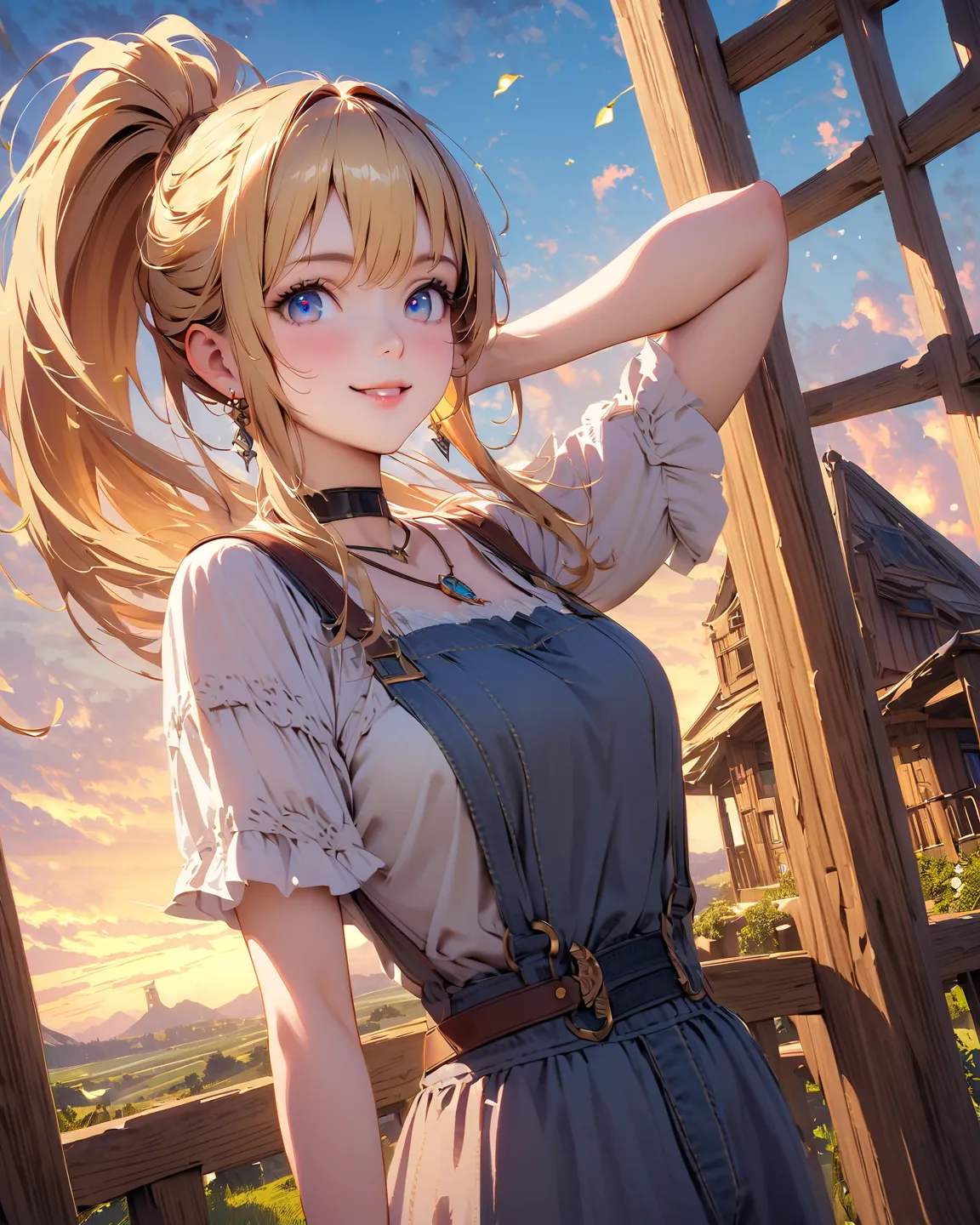 Overall calm but vivid colors、 manga style 、 Medieval Fantasy Style 、 young woman（nationality:1.2）、（age:1.1）、 Bright Blonde Hair （ Hair Details :1.2）Angled slightly towards the viewer、（Clothing Details:1.2）、Pretty eyes and a smile、（ Accessories:1.1）Wearing...