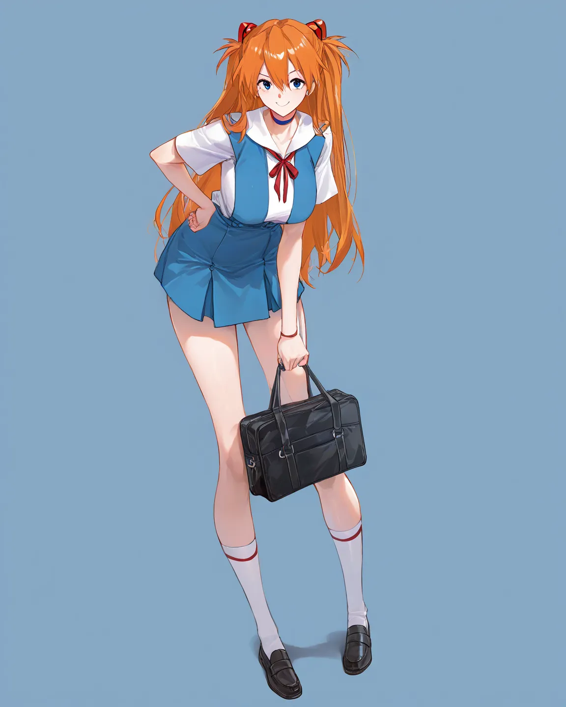 TOP QUALITY,    masterpiece,   8k Wallpaper、  latest,       Best Rewards、 is amazing、masterpiece、Neon Genesis Evangelion、   woman 1 person、   Su Long Aska Langley.orange hair、    blue eyes、   high school uniforms (Light blue uniform)white shirt、 socks、 loa...