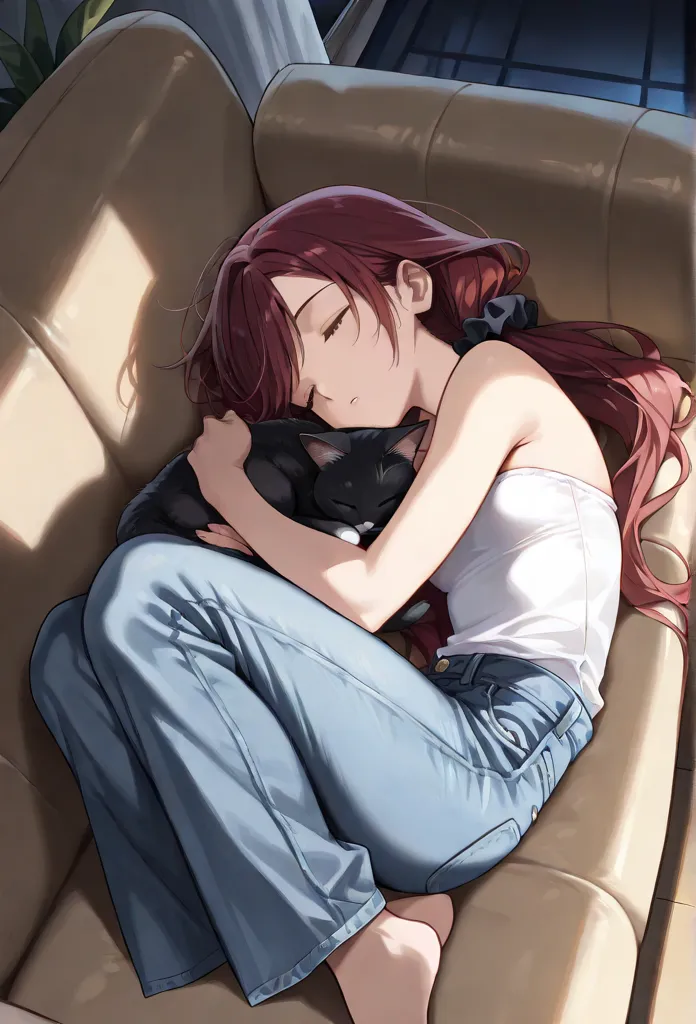 (masterpiece, best quality), solo, intricate details, JK, sleeping girl, from above, cat curled up and sleeping on girl’s lap, laying on couch, beautiful face,  ((closed eyes, Dark red hair, long swept bangs, long hair in low twin tails)), hair scrunchie, ...