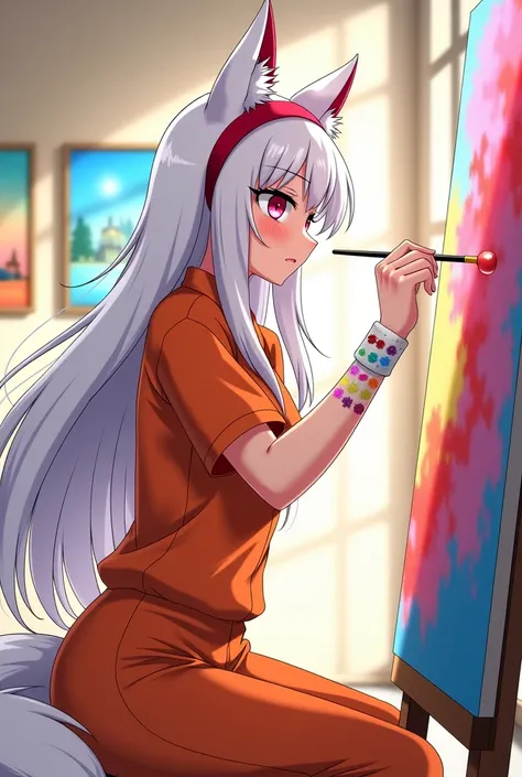 adult female prisoner,  long white hair , white fox ear ,  white fox tail, no human ears , red headband, pink eyes color,  Orange Prisoner unifrom , White wristband with lots of watercolor stains, she Coloring on canvas with a paintbrush, Single prisoner, ...