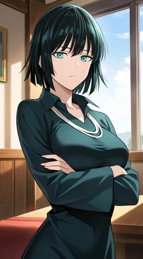 masterpiece, best quality, indoors, cinematic lighting, amazing quality, very aesthetic, absurdres, best quality, 4k, upscale,   Fubuki, Main Outfit, solo, looking at viewer, sky, crossed arms, expressless,   