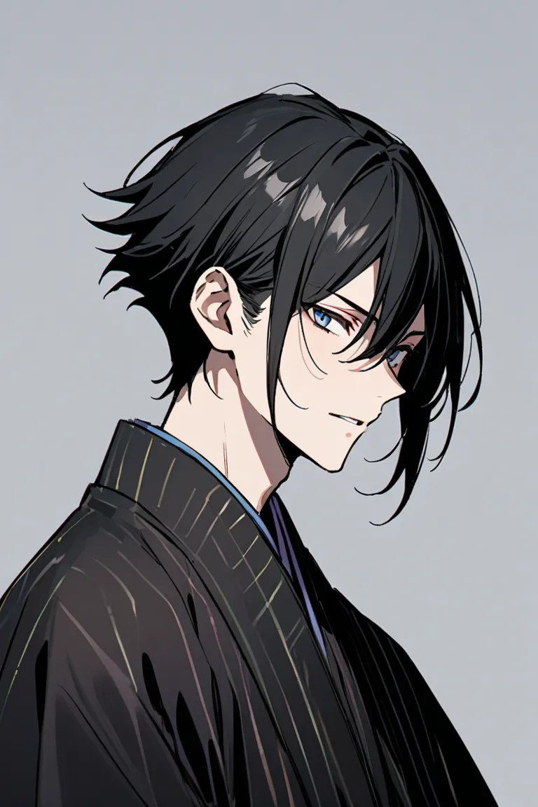 male,10th Generation,  Black Hair Simple Background , black kimono