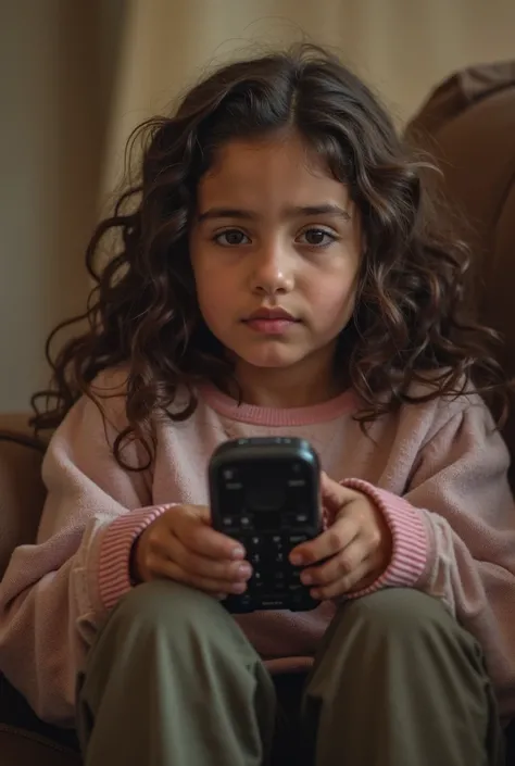 there is a young girl sitting on a couch with a remote control, a picture by Charly Amani, instagram, les nabis, ismail, reyyan, riyahd cassiem,  berber boy, mohamed chahin, atef, very very low quality picture, mohamed reda, hicham habchi, young boy