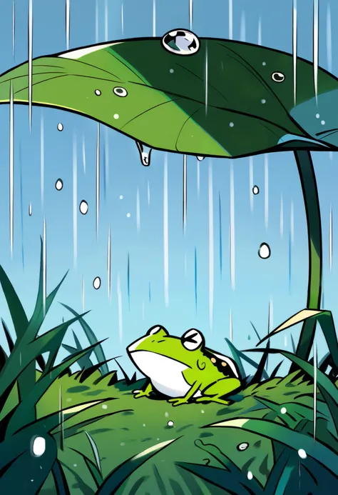 What happens when it rains?,A frog sheltering from the rain under a large leaf, minimalist,cute,Anime Artwork,Grassland
