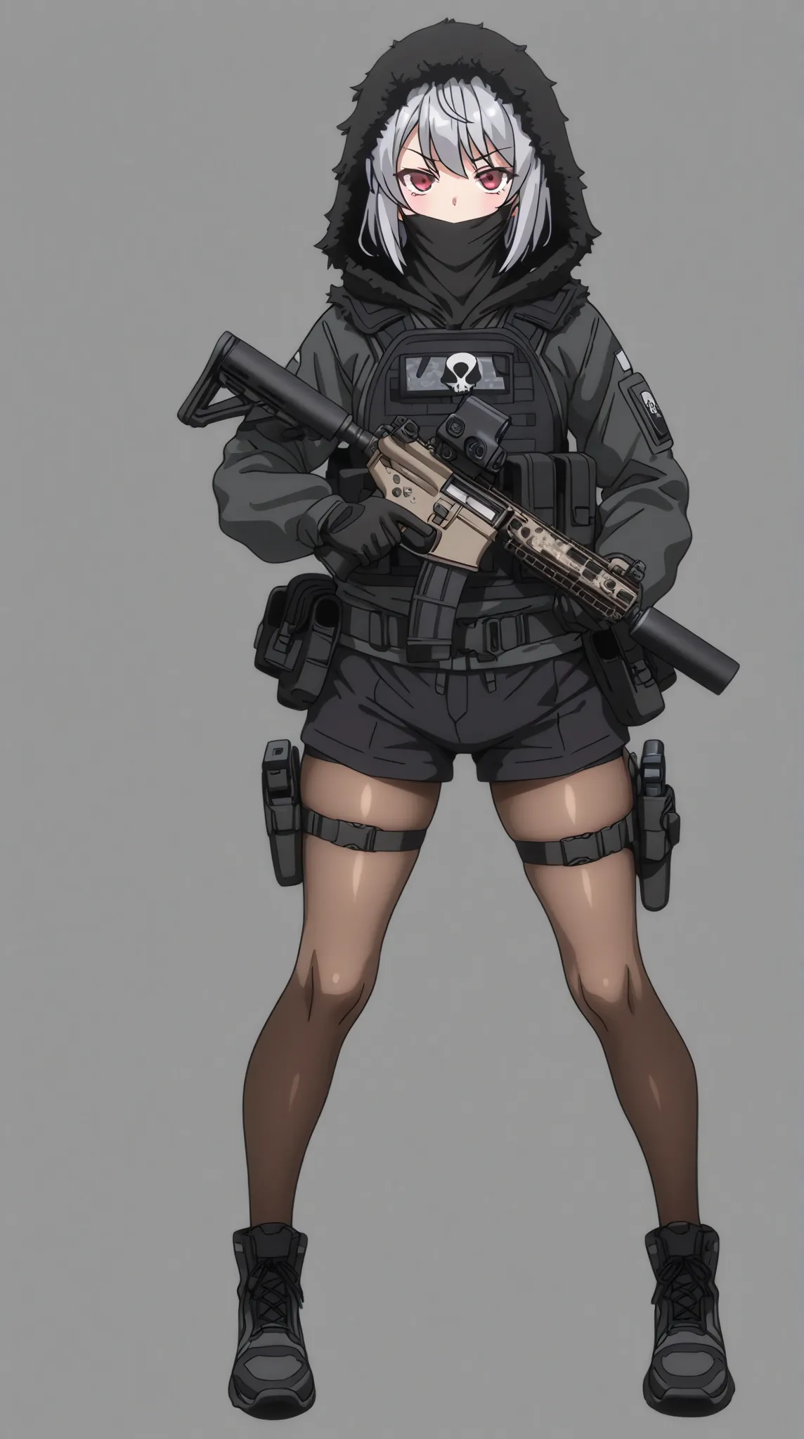 tactical gear。 gray hair shortcuts。 red eyes。I'm wearing a black skull mask that covers up to my neck around my mouth。Black Ghillie suit、 black tactical vest、Outfit Over a Black Hooded Jacket。 brown stockings 、Black Shorts、I'm wearing sturdy grey trekking ...