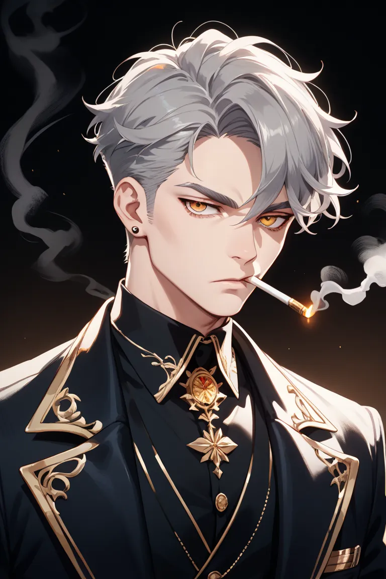 Male suit, gray hair, sharp eyes, golden eyes, adult smoking, expressionless mafia