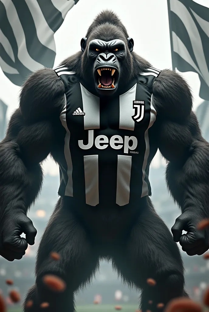 Humanoid gorilla wearing Juventus jersey furious with Juventus flag