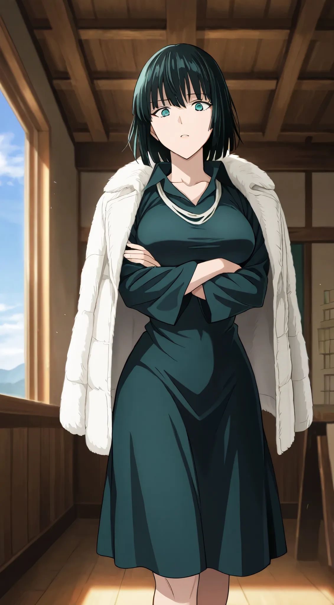 masterpiece, best quality, indoors, cinematic lighting, amazing quality, very aesthetic, absurdres, best quality, 4k, upscale,   Fubuki, Main Outfit, solo, looking at viewer, sky, crossed arms, expressless,   