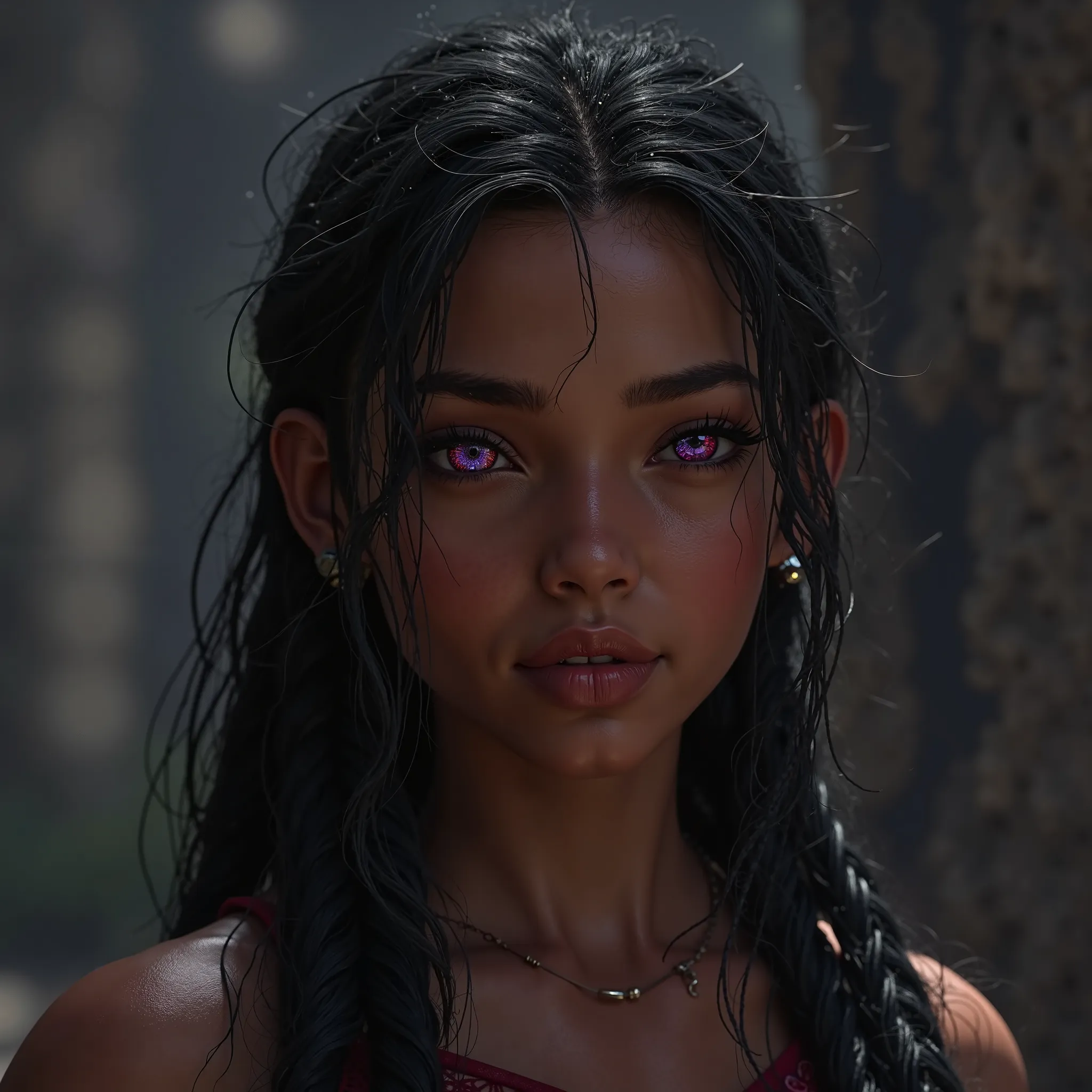  Young Woman,  medium black skin , long black knotless braids braids, black eyes with red and purple reflections, soft features, small nose. 3d game style, castlevania lords of Shadow 2 