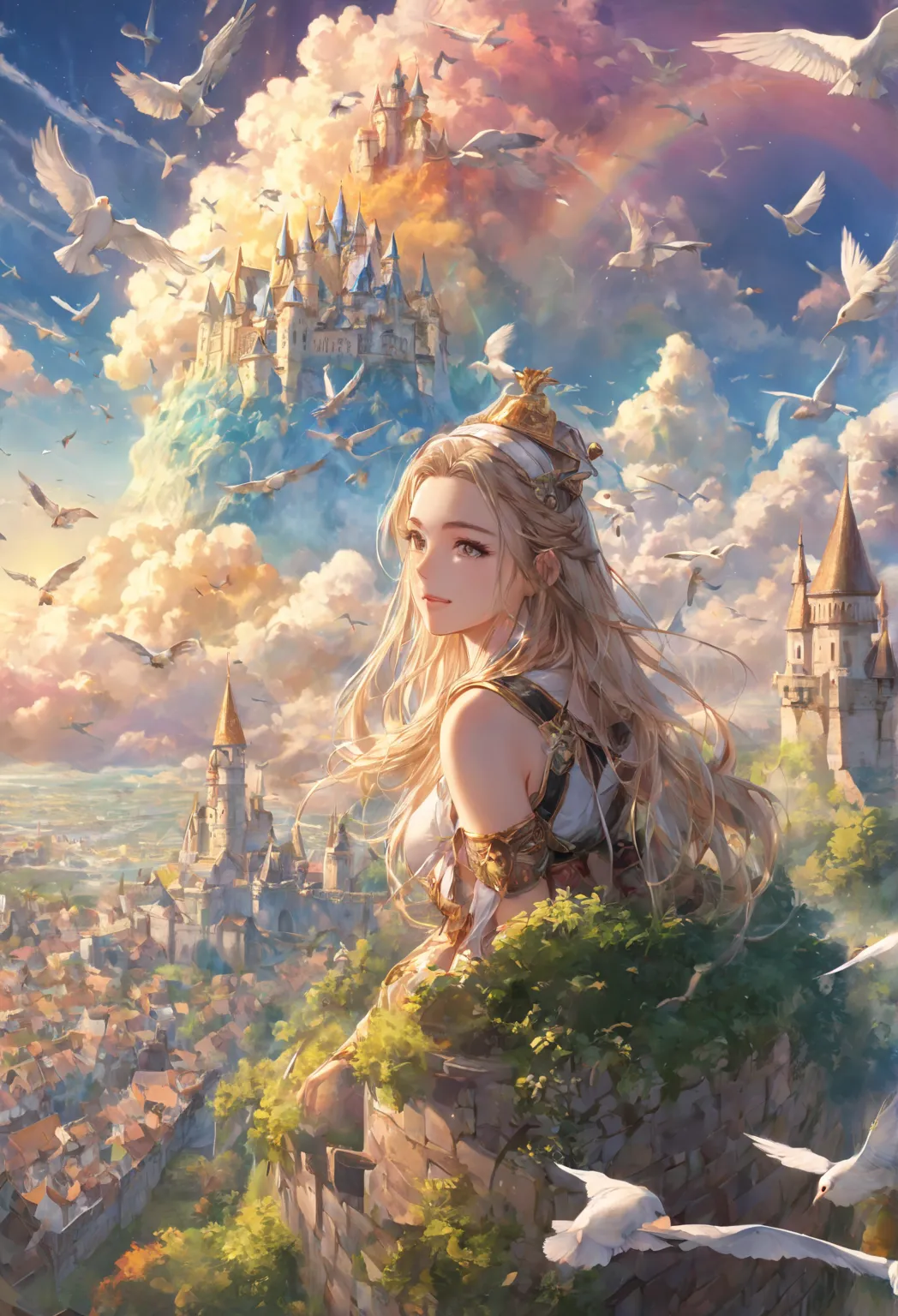  Anime , Artwork, 8K quality , The subject is "fantasy dwarves", An imaginary castle, rainbow sky, Golden clouds, beautiful woman of the millennial race, looking from the top of the castle wall, flocks of migratory birds flying in the sky, Great scenes, de...