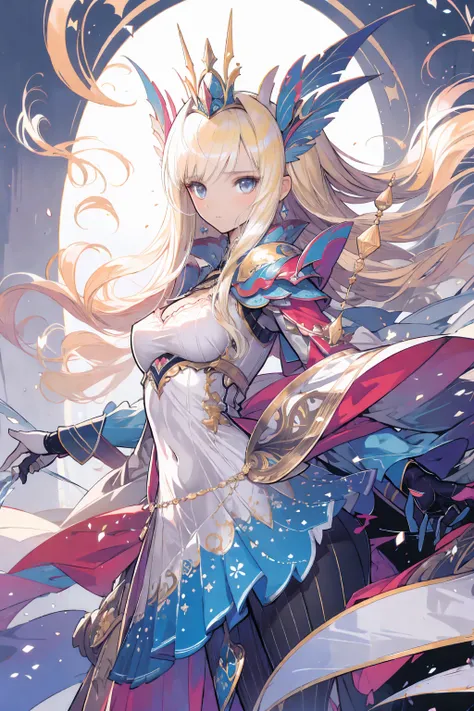 woman,  beautiful,  otherworldly ,  tall , elegant,   long blonde,  Princess Dress,  Gold and Silver Decorations  , armor,  white and blue long dress, Light Surround  , streamer,  magic , Extreme detail, 8k