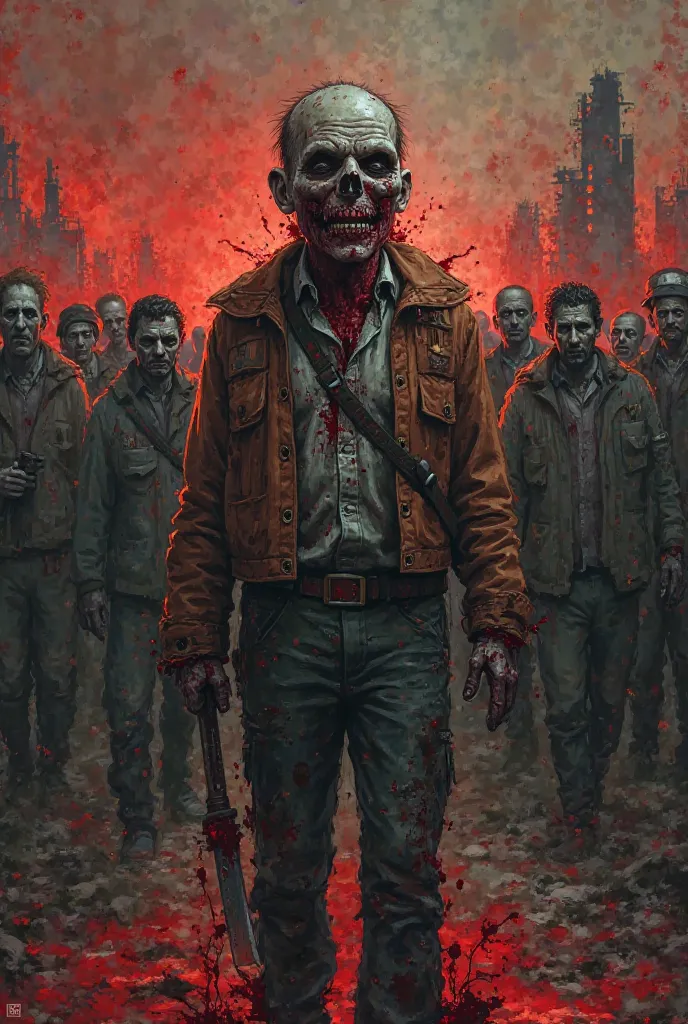 Crowds of people standing against the backdrop of a destroyed city, knife, Kakumok, chainsaw, I'm carrying a weapon such as a hammer,  Bloody Body , black eyes, Smiling face with bizarrely tears, Various clothes and a body full of wounds, horror atmosphere...