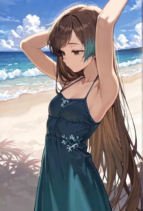 
(Masterpiece, best quality), intricate details, JK,tired girl, thin, from side , highly detailed, intricate details, expressionless girl, ((very long hair, brown hair, hair with teal highlights, brown eyes, long swept bangs)), looking away, yawn, arms up,...