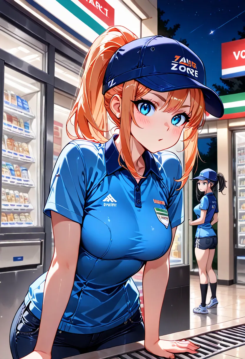 (Highest quality:1.2, Very detailed, High detail, Ultra-high resolution, masterpiece:1.2, Highest quality, Best aesthetics), cute girl, blue polo shirt, blue cap with "Z-Mart" on it, blue eyes, medium breasts, leaning outside convenience store, ponytail, n...