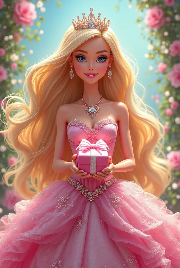 Make me a two-dimensional image, of an animated blonde Barbie princess,  with dress , crown and holding a gift