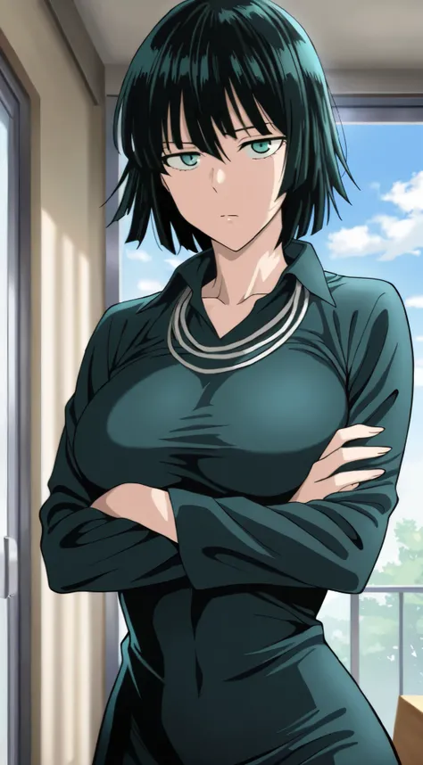 masterpiece, best quality, indoors, cinematic lighting, amazing quality, very aesthetic, absurdres, best quality, 4k, upscale, Fubuki, Main Outfit, solo, looking at viewer, sky, crossed arms, expressless,