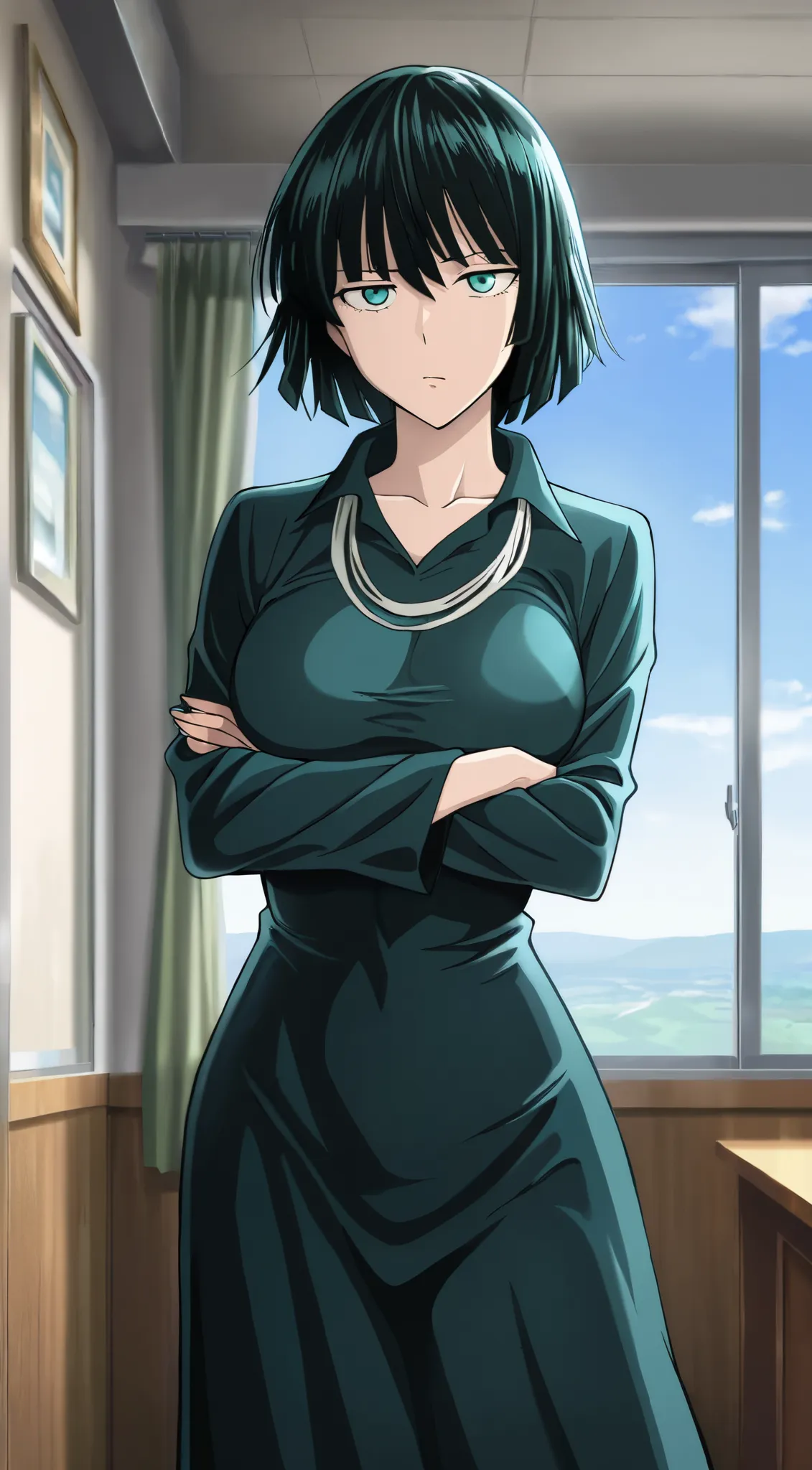 masterpiece, best quality, indoors, cinematic lighting, amazing quality, very aesthetic, absurdres, best quality, 4k, upscale, Fubuki, Main Outfit, solo, looking at viewer, sky, crossed arms, expressless,
