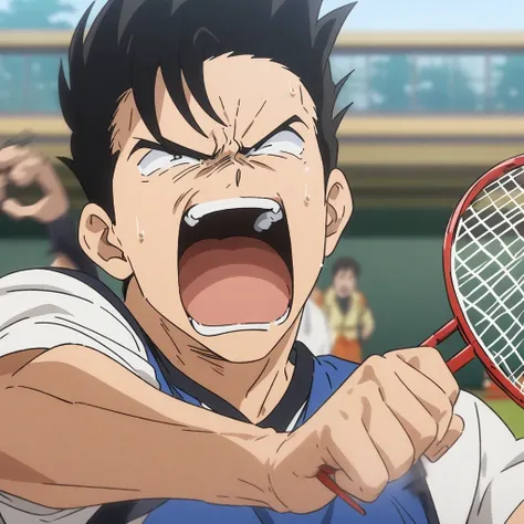 Expand the boy who smashes and hits the net in front of the badminton boy
anime style