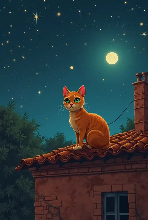 "A small orange cat with shiny green eyes sits on the roof of an old Tunisian red brick house, a night sky full of twinkling stars, a bright star falling away towards a dark forest in the background, a warm and cozy atmosphere for ren."