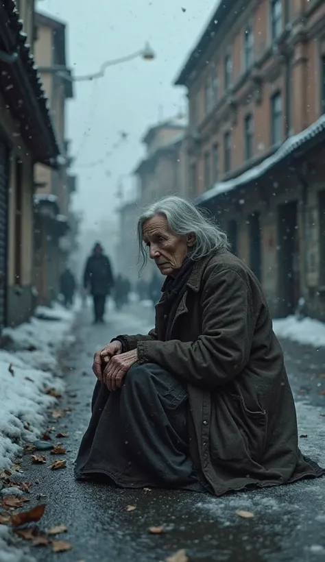 Create an ultra-realistic and emotionally impactful image of an elderly woman sitting on the floor of a cold and icy street.  The scene takes place during winter ,  with the damp asphalt covered by a thin layer of ice . The old woman ,  of gray and misalig...