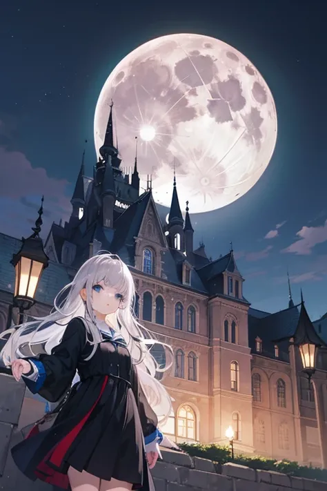 The full moon shines suspiciously behind a castle that is too big for people to live in。Who flutters over the castle wall has silver hair and blue eyes、anime girl in a jet black dress