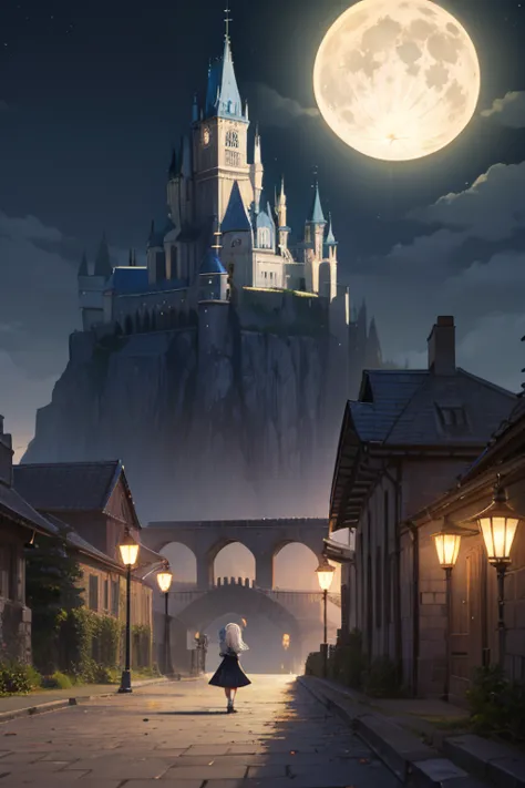 The full moon shines suspiciously behind a castle that is too big for people to live in。Who flutters over the castle wall has silver hair and blue eyes、anime girl in a jet black dress