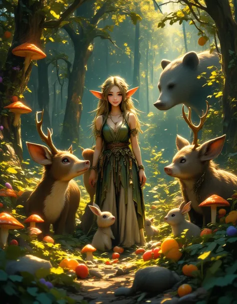  Anime , Artwork, 8K quality ,  "fantasy dwarves",  an imaginary forest , A forest full of mushrooms and colorful fruits, A forest where deer, rabbits, Wild pigs and bears are happy, A beautiful elven woman happily interacting with animals, A beautiful sce...