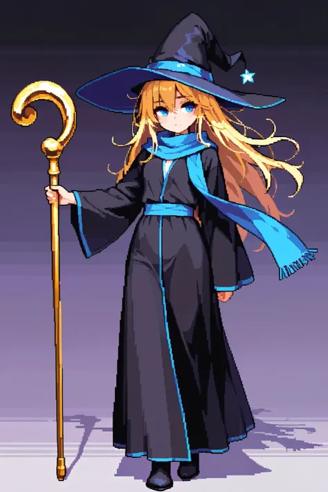 TOP QUALITY, beauty, masterpiece,  one woman, Pixel art,  witch hat ,  black robe , Blue scarf,  Gold,  long hair,  disheveled hair, Cane, wizard, 