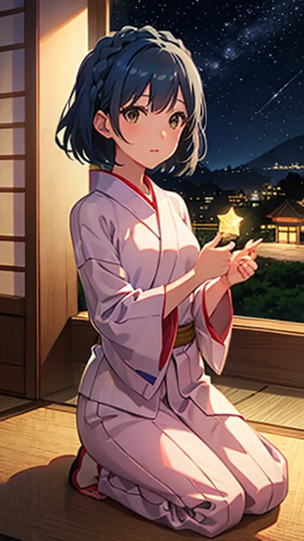 Yuriko Nana did,  bob hair, Lantern,   Impeccable Craftsmanship 、 wallpaper、starry sky、 Milky Way、Girl in yukata