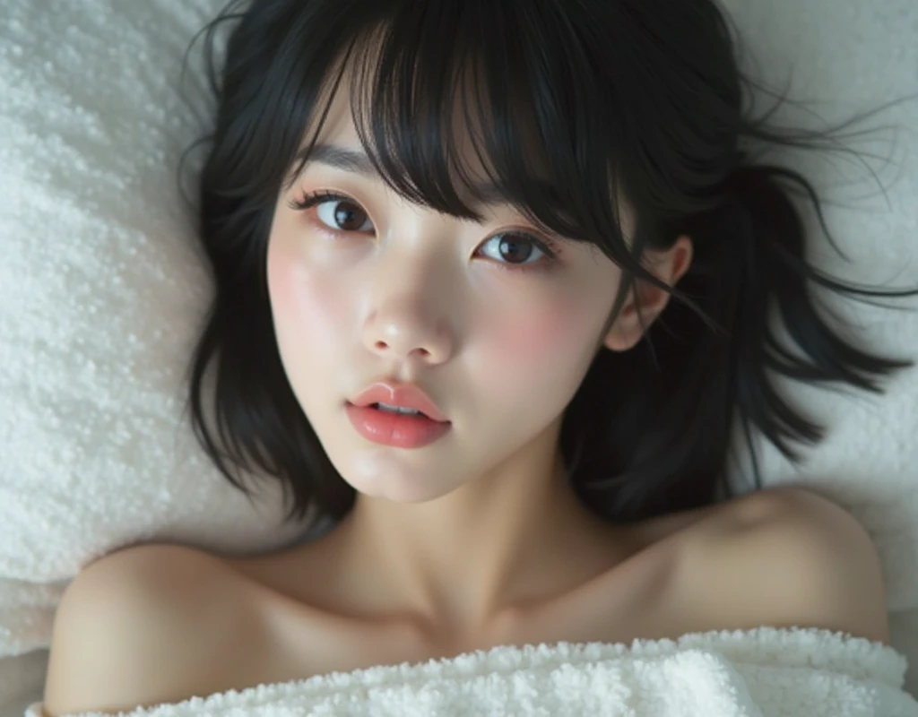 neat girl is beautiful japanese female and beautiful russian female mixed race only in the face age is 17 features of the whole body black hair medium straight bob cut hair style beautiful small face with short eyelashes boyish eyes only high nose dark blu...