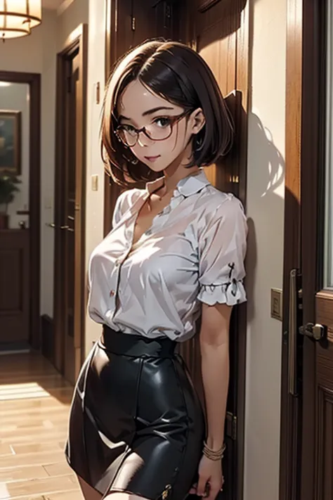 ((  high quality effects)), ((傑  high quality effects、 Great painting、High sensitivity 、  heavy mountains 、 detailed photography up to the front door、 accurate photography of the face )) a slender woman 、glasses、 dark-skinned woman、  short haircut 、 red le...