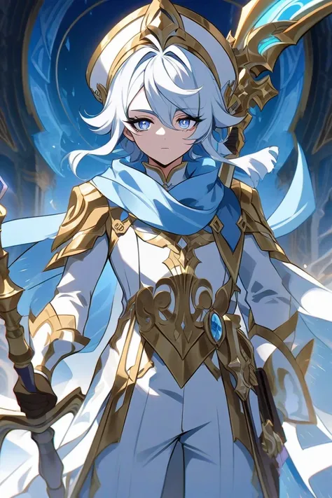 Amy stardust age 16 white hair left eye iris light blue right eye iris Golden wears a light blue scarf around his neck wields his scythe and a gun around his waist his pupils are cracked like rivers anim/genshin impact art style gender female  looks like a...